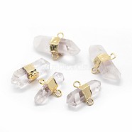 Natural Quartz Crystal Links Connectors, Rock Crystal, with Brass Findings, Bicone, Golden, 25~33x15~18x8~13mm, Hole: 2mm(G-P396-15G)