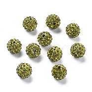 Pave Disco Ball Beads, Polymer Clay Rhinestone Beads, Round, Olivine, 10mm, Hole: 1.5mm(X-RB-A130-10mm-2)