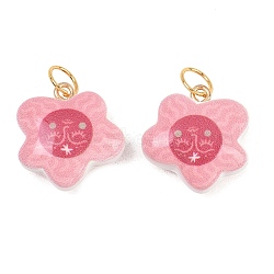 Printed Opaque Acrylic Pendants, with Stainless Steel Loops, Golden, Flower Charms, 21x20.5x9.5mm, Jump Ring: 7x0.7mm, Inner Diameter: 5.7mm(SACR-P036-01E-G)