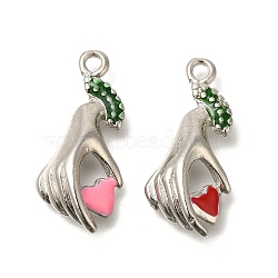 Brass Enamel Pendants, Platinum, Palm with Heart Charm, Mixed Color, 25x11x5mm, Hole: 1.8mm(FIND-C065-16P)