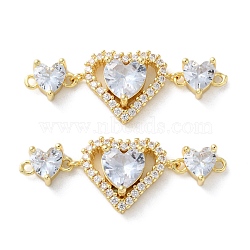 Rack Plating Brass Cubic Zirconia Triple Heart Connector Charm, Long-Lasting Plated, Lead Free & Cadmium Free, Real 18K Gold Plated, Clear, 14.5x39x5.5mm, Hole: 1.4mm(KK-C084-05G-03)