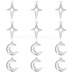 12Pcs 2 Style 304 Stainless Steel Pendants, Moon & Star, Stainless Steel Color, 22~27.5x17x2.5~4mm, Hole: 1.2~2.2mm, 6pcs/style(STAS-UN0042-13)