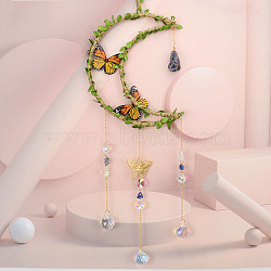 Leaf Butterfly Hemp Rope Wrapped Moon & Natural Lapis Lazuli Nuggets Hanging Ornaments, Glass Teardrop Tassel Suncatchers for Home Outdoor Decoration, 500mm(PW-WG47156-02)