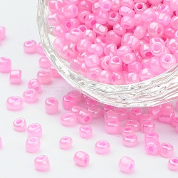 8/0 Glass Seed Beads, Ceylon, Round, Round Hole, Pink, 8/0, 3mm, Hole: 1mm, about 1111pcs/50g, 50g/bag, 18bags/2pounds(SEED-US0003-3mm-145)