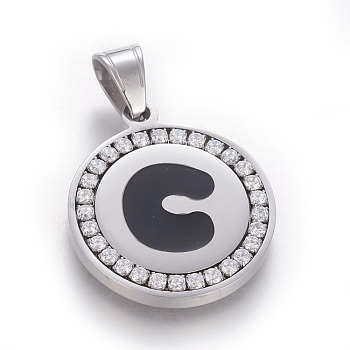 304 Stainless Steel Enamel Pendants, with Cubic Zirconia, Flat Round with Letter, Stainless Steel Color, Clear, Letter.C, 29x25x3mm, Hole: 5.5x8.5mm