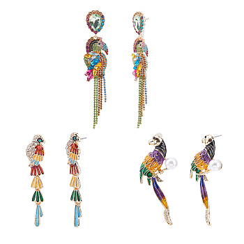 3 Pairs 3 Style Rhinestone Parrot Dangle Stud Earrings with Alloy Pins, Long Drop Earrings, Mixed Color, 51.5~130x11~27.5mm, 1 Pair/style