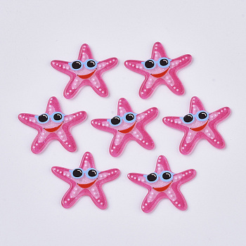 PVC Plastic Cabochons, with Glitter Powder, Starfish/Sea Stars, Deep Pink, 23x27x2mm