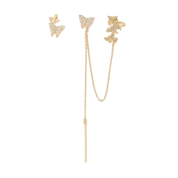 Cubic Zirconia Butterfly Asymmetrical Earrings, Real 18K Gold Plated Brass Long Chain Dangle Stud Earrings with Earcuffs for Women, Lead Free & Cadmium Free, Clear, 242mm, Pin: 0.9mm