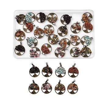 4 Sets 8 Styles Natural & Synthetic Mixed Stone Chip Pendants, with Platinum Tone Alloy Findings, Flat Round with Life of Tree Charm, 29x25x4~6mm, Hole: 4x7mm, 1pc/style, 8pcs/set