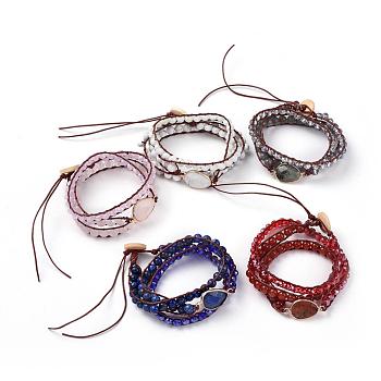 Faceted Glass & Mixed Natural Gemstone Beaded Wrap Bracelets, with Cowhide Leather Cord and Burlap, Teardrop, 570x7mm