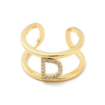 Clear Cubic Zirconia Initial Letter Open Cuff Ring, Real 18K Gold Plated Brass Double Line Ring for Women, Lead Free & Cadmium Free, Letter.D, US Size 6(16.5mm)
