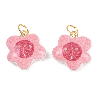 Printed Opaque Acrylic Pendants, with Stainless Steel Loops, Golden, Flower Charms, 21x20.5x9.5mm, Jump Ring: 7x0.7mm, Inner Diameter: 5.7mm