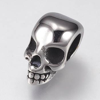 304 Stainless Steel European Beads, Large Hole Beads, Skull, Antique Silver, 9.5x7.5x10mm, Hole: 5mm