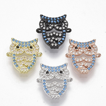 Brass Micro Pave Cubic Zirconia Links connectors, Owl, Clear & Sky Blue, Mixed Color, 15.5x14.5x2.5mm, Hole: 1mm