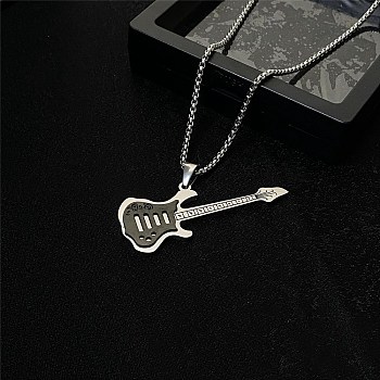 201 Stainless Steel Guitar Pendant Box Chain Necklaces, Stainless Steel Color, Black, 27.24 inch(69.2cm)