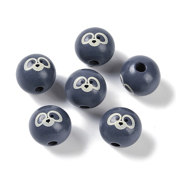 Animal Themes Printed Wood European Beads, Large Hole Round Beads with Sloth Pattern, Marine Blue, 19x18mm, Hole: 4mm