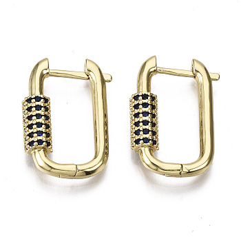Brass Micro Pave Cubic Zirconia Huggie Hoop Earring, Oval, Nickel Free, Real 16K Gold Plated, Dark Blue, 22x15x5mm, Pin: 1.3mm
