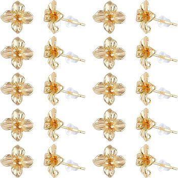 20Pcs Brass Stud Earring Findings, with 925 Sterling Silver Pin and Vertical Loop, Cadmium Free & Nickel Free & Lead Free, Flower, with 20Pcs Plastic Ear Nuts, Real 18K Gold Plated, 11x11mm, Hole: 0.9mm, Pin: 0.8mm