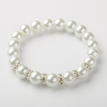 Glass Pearl Beads Stretch Bracelets, with Brass Rhinestone Beads, Silver Color Plated, White, 55mm