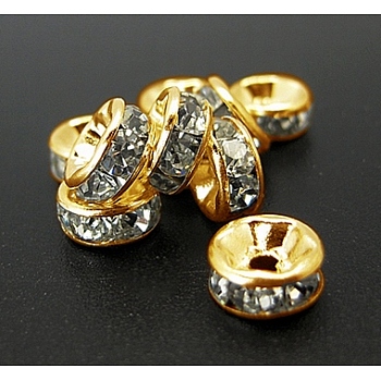 Iron Rhinestone Spacer Beads, Grade B, Straight Edge, Rondelle, Golden Color, Clear, Size: about 6mm in diameter, 3mm thick, hole: 1.5mm