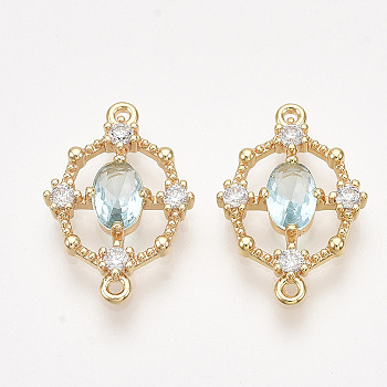 Brass Cubic Zirconia Links, Real 18K Gold Plated, Nickel Free, Oval, Pale Turquoise, 17.5x12x2.5mm, Hole: 1mm
