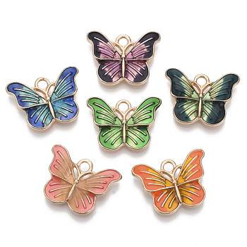 Alloy Enamel Pendants, Butterfly, Light Gold, Mixed Color, 15x20x2.5mm, Hole: 2mm
