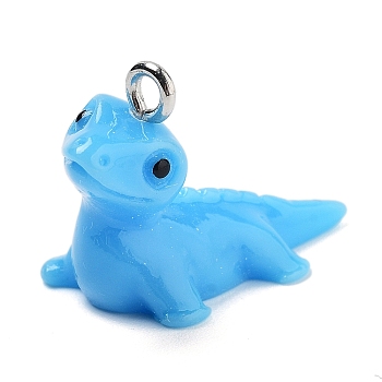 Resin Pendants, With Paltinum Iron Loop, Lizard, Dodger Blue, 17.5x12x24mm, Hole: 2mm