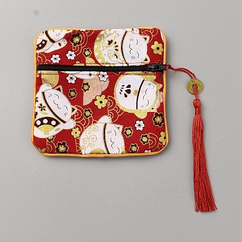 Square Cloth Jewelry Packing Pouches Drawstring Bags with Tassel, Printed Gift Pouches with Zipper, Red, Cat Shape, 12x12x0.3cm