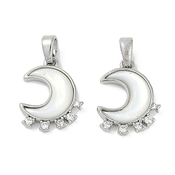 Natural White Shell Moon Pendants, Brass Micro Pave Clear Cubic Zirconia Moon Charms, Platinum, 16.5x13x3mm, Hole: 3x5mm