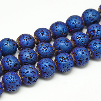 Electroplate Natural Lava Rock Beads Strands, Matte Style, Round, Blue Plated, 8x8.5mm, Hole: 1mm, about 48pcs/strand, 15.3 inch