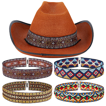 8Pcs 4 Styles Ethnic Style Embroidery Rhombus Polyester Braided Hat Belts, with Wood Beads, Mixed Color, 560mm, 2pcs/style