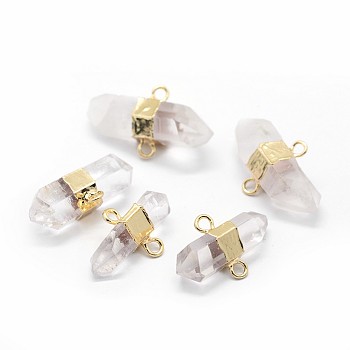 Natural Quartz Crystal Links Connectors, Rock Crystal, with Brass Findings, Bicone, Golden, 25~33x15~18x8~13mm, Hole: 2mm