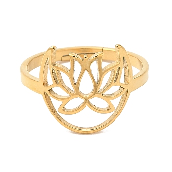 Ion Plating(IP) 304 Stainless Steel Hollow Lotus Adjustable Ring for Women, Real 18K Gold Plated, US Size 6(16.5mm)