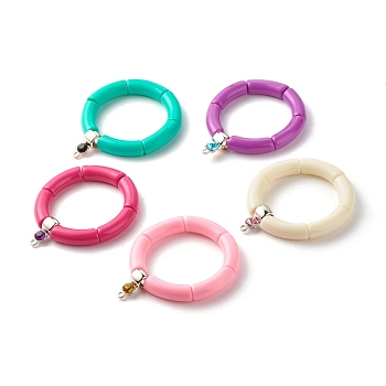 Chunky Acrylic Tube Beads Stretch Bracelet, Flat Round Plastic Tube Bails Bracelet for Women, Mixed Color, Inner Diameter: 2-1/8 inch(5.3cm)