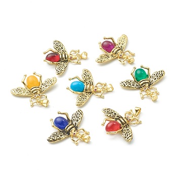 Transparent Glass Pendants, with Brass Micro Pave Cubic Zirconia Findings, Bee, Antique Golden, Fuchsia, 27x32x6mm, Hole: 4x3.5mm