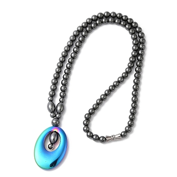 Synthetic Non-magnetic Hematite Oval Pendant Necklace with Round Beaded Chains, Rainbow Color, 17.72 inch(45cm)