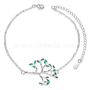 SHEGRACE Brass Link Anklets, with Epoxy Resin and Cable Chains, Tree, Platinum, Green, 8-1/4 inch(21cm)(JA128E)