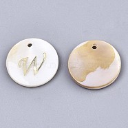 Natural Freshwater Shell Pendants, with Golden Plated Brass Etched Metal Embellishments, Flat Round with Letter, Letter.W, 15x2mm, Hole: 1.2mm(SHEL-N027-04W)