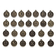 Engastes de cabujón colgante de aleación para esmalte, plano y redondo con alfabeto, Bronce antiguo, 14x12x2mm, agujero: 1.5 mm, 26 PC / sistema(PALLOY-YW0001-10AB)