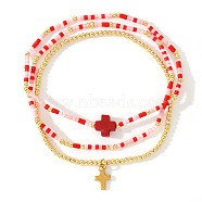 Minimalist Glass Seed Beads Stretch Bracelet Sets, Cross Brass Charm Bracelets for Women, Red, Inner Diameter: 6-1/2 inch(16.5cm)(QH6334-2)