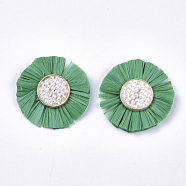 Bohemia Style Raffia Decoration Accessories, with ABS Plastic Imitation Pearl & Alloy Findings, Flat Round, Golden, Sea Green, 35.5~37.5x6.5mm(FIND-T060-001F)