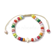 Colorful Rondelle Acrylic Braided Bead Bracelets, Cross CCB Plastic Adjustable Bracelets for Women, Golden, Inner Diameter: 2~3-1/2 inch(5~9cm)(BJEW-JB10339-01)