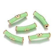 Brass Micro Pave Clear Cubic Zirconia Tube Beads, Long-Lasting Plated, with Enamel, Tube with Eye, Real 18K Gold Plated, Light Green, 32x7mm, Hole: 3.2mm, 7mm diameter(ZIRC-B002-38G-D)