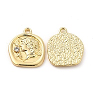 Rack Plating Alloy Rhinestone Pendants, Cadmium Free & Lead Free, Flat Round with Human Charms, Light Gold, 18x15.5x1.5mm, Hole: 1.6mm(FIND-G044-16LG)