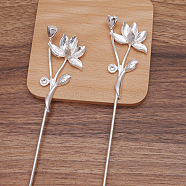Iron Hair Stick Findings, with Alloy Cabochons Settings, Lotus, Silver, Tray: 10mm and 14x10mm, 181x34x15.5mm(OHAR-PW0001-296S)
