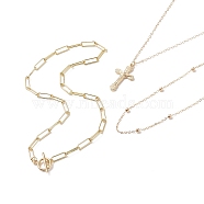 3Pcs 3 Style 304 Stainless Steel Cross Pendant Necklaces Set, Brass Paperclip & Satellite & Cable Chains Necklaces for Women, Golden, 15.9~19.5 inch(40.5~49.5cm), 1Pc/style(NJEW-JN04004)