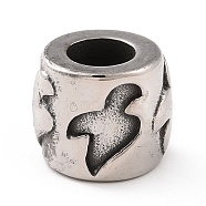 304 Stainless Steel European Beads, Large Hole Beads, Column with Bird, Antique Silver, 10x10mm, Hole: 6mm(STAS-M301-28AS)
