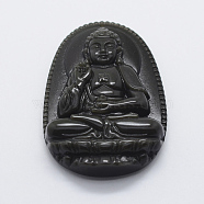 Carved Natural Obsidian Big Pendants, Buddha, 53x34x9mm, Hole: 1.5mm(G-E428-35)