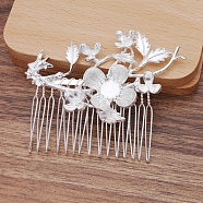 Iron Hair Comb Cabochon Settings, with Alloy Flower, Silver, 62x77x10mm(OHAR-PW0001-422S)