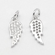 Wing Brass Micro Pave Cubic Zirconia Charms, Cadmium Free & Nickel Free & Lead Free, Real Platinum Plated, 14x6x1.5mm, Hole: 3mm(X-ZIRC-F017-05)